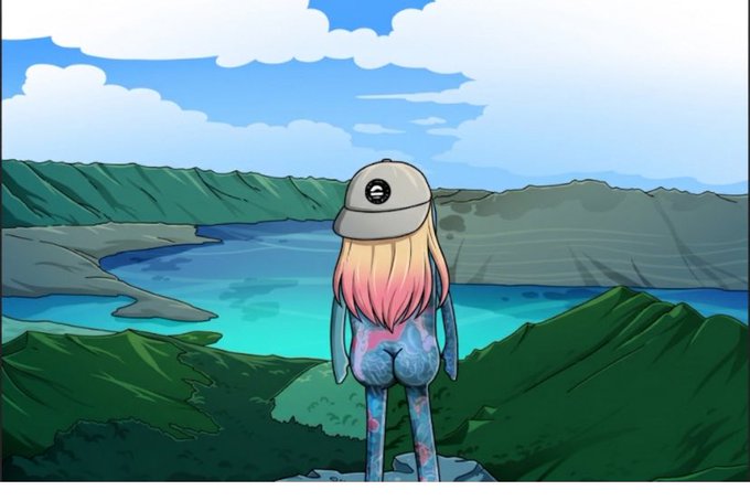 An animated illustration of a female character with blonde and pink hair, wearing a cap and denim outfit, viewed from behind as she overlooks a scenic green landscape with blue water.