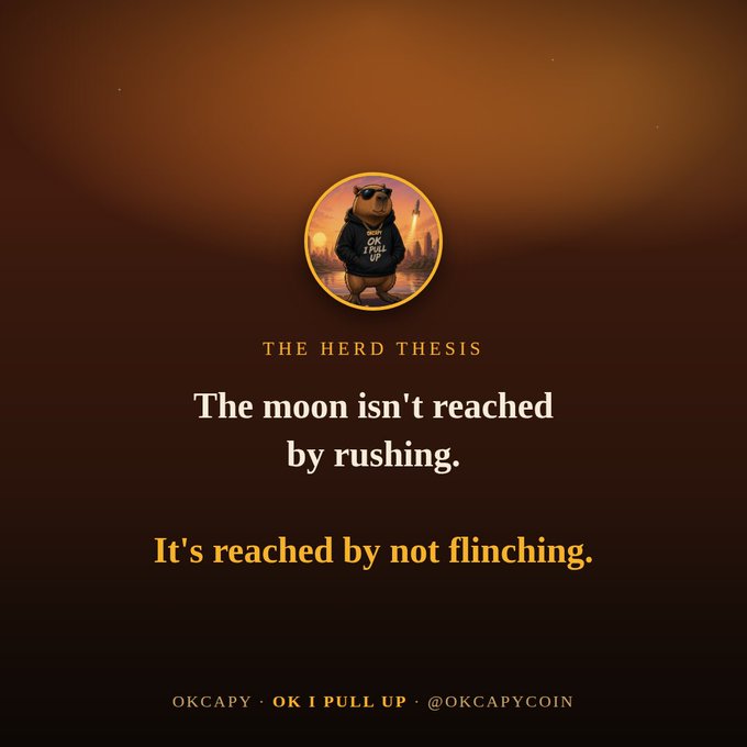 Promotional graphic for 'The Herd Thesis' featuring a bear mascot wearing sunglasses and a 'Pull Up' hoodie, with the text 'The moon isn't reached by rushing. It's reached by not flinching.' branded with OKCAPY / OK I PULL UP / @OKCAPYCOIN.