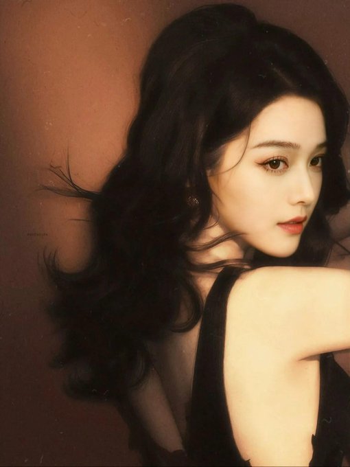 The image shows a young woman with long, wavy black hair posing over her shoulder in a black top against a warm brown backdrop. The accompanying post "晚上了，还有人跟我蓝V互关吗？" ("It's nighttime, is anyone still willing to mutually follow with my blue V?") suggests she's a social media user seeking new followers, using this glamorous portrait as her profile-attractive image to encourage engagement.