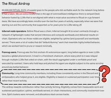 A webpage screenshot titled 'The Ritual Airdrop' detailing a 50,000,000 RITUAL (5.5% of supply) distribution, outlining criteria like Internet node operators, Freezing users, and Community members, with a large red question mark graphic overlaid.