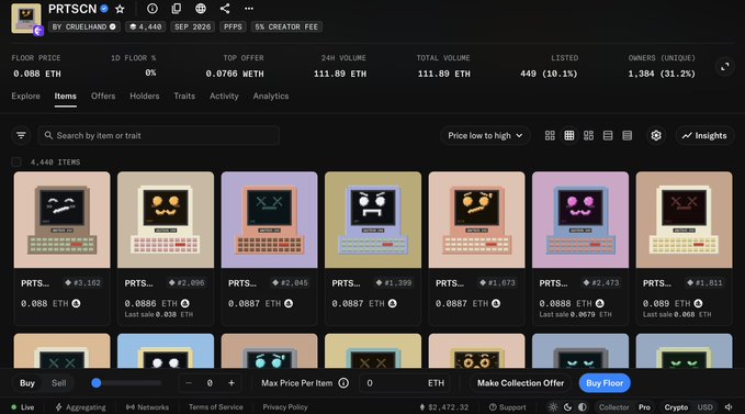 A screenshot of the OpenSea NFT marketplace showing the 'PRTSCN' collection by OBULEHAND, displaying 4,440 items with prices around 0.088 ETH and floor price of 0.088 ETH.