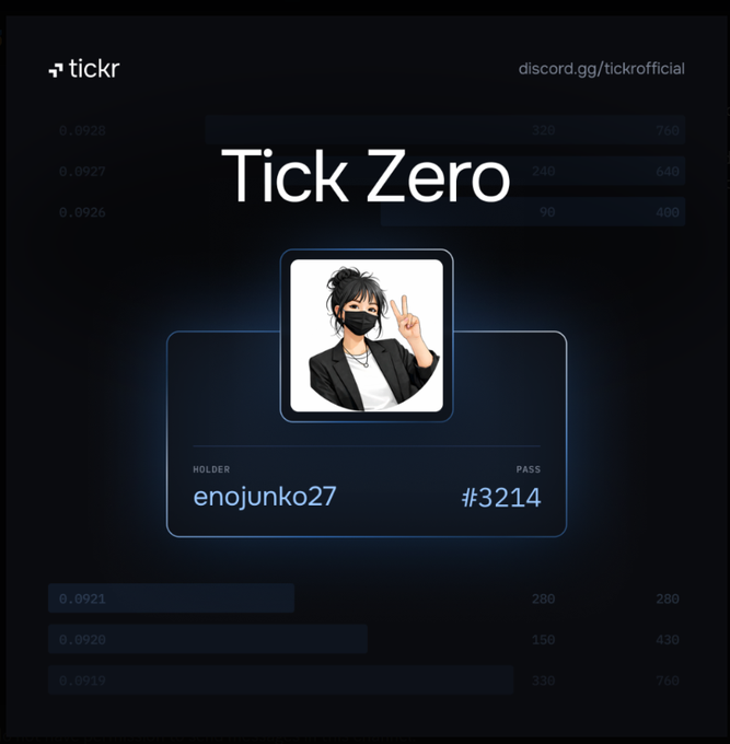 A digital "Tick Zero" pass from tickr showing holder enojunko27 with pass #32114, featuring an anime-style avatar of a person wearing a mask and making a peace sign.