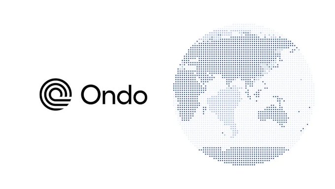 A logo for "Ondo" featuring a circular spiral symbol next to the name, displayed beside a dotted, pixelated globe on a white background.