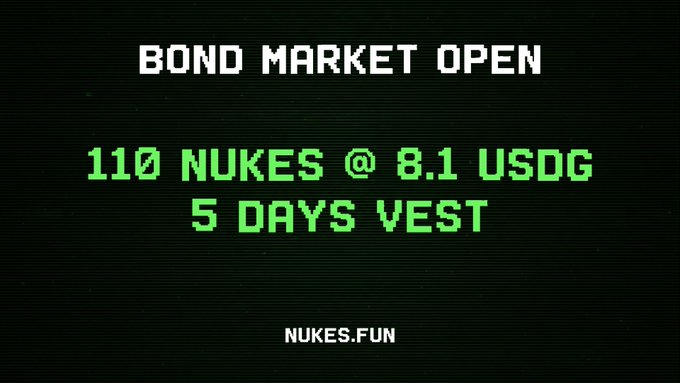 A retro-style digital announcement displays "BOND MARKET OPEN" with details "110 NUKES @ 8.1 USDG, 5 DAYS VEST" and branding "NUKES.FUN," matching the post's announcement of a new NUKE bond market with a price of 8.1 USDG, capacity of 110 NUKE, and 5-day vesting period.