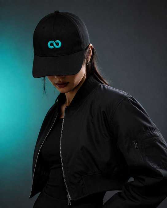 A woman wearing a black baseball cap featuring a teal infinity-symbol-style logo looks downward, paired with a sleek black bomber jacket against a moody teal-lit background. The image visually reinforces the post's message of "less noise, more signal," with the cap's looping emblem echoing the brand "Zoomex" and its focus on streamlined, clear trading.
