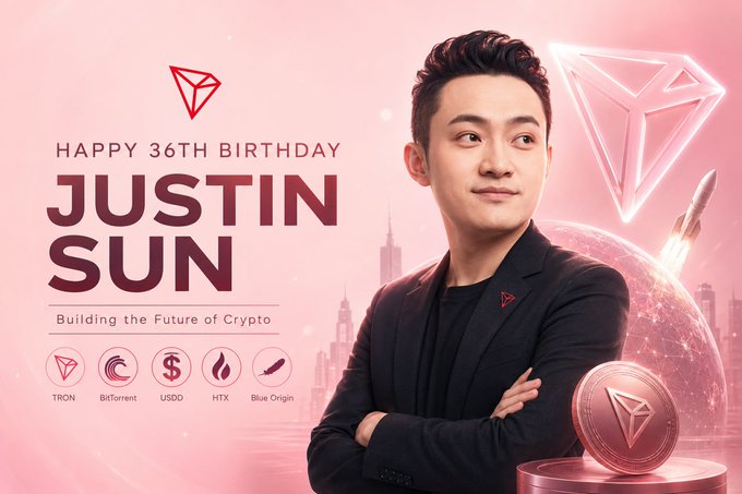 A pink-toned birthday tribute graphic celebrates Justin Sun's 36th birthday, featuring him with arms crossed alongside the Tron logo, a glowing TRX coin, and a rocket, with the tagline "Building the Future of Crypto" and icons for TRON, BitTorrent, USDD, HTX, and Blue Origin. The accompanying post reinforces the celebratory tone by highlighting Sun's achievements in crypto, including Tron's dominant USDT volume and 390 million accounts, positioning his 36th year as a milestone of industry leadership rather than personal uncertainty.