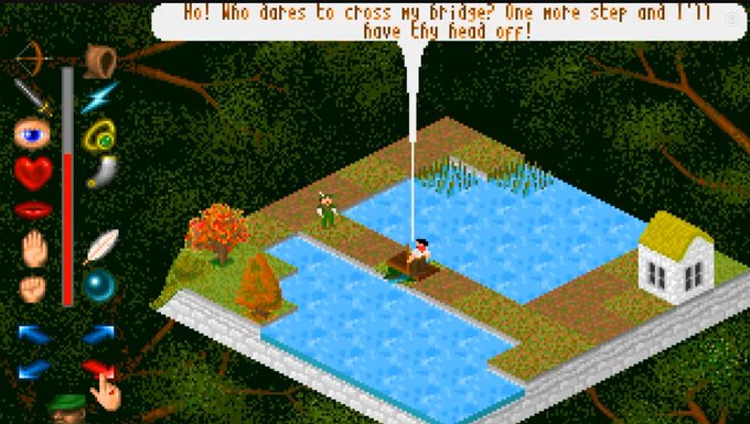 A screenshot from a retro isometric adventure video game showing a character crossing a bridge over water, with a speech bubble reading: 'Ho! Who dares to cross my bridge? One more step and I'll have thy head off!'