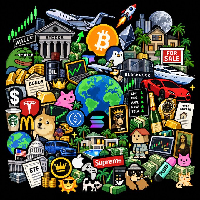 A dense collage of finance, crypto, and pop culture icons including Bitcoin, Wall Street, BlackRock, Tesla, McDonald's, NFT references, and pixel art characters on a black background.