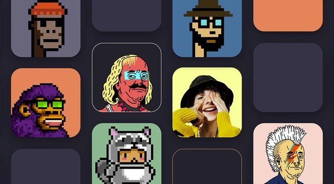 A grid display featuring various pixel-art NFT portraits including characters like a gorilla in sunglasses, a luchador, a woman covering her eyes, and a knight.