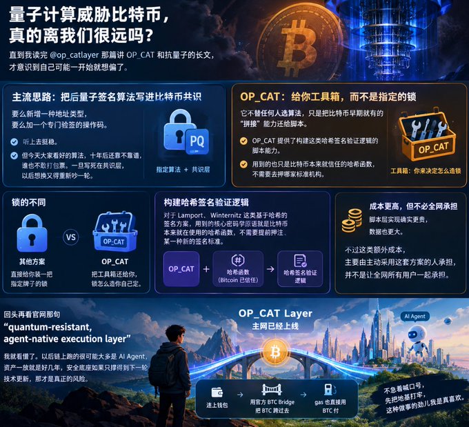 An infographic in Chinese discussing the threat of quantum computing to Bitcoin, featuring OP_CAT, post-quantum signature algorithms, Lamport/Winternitz hashes, and an OP_CAT Layer with AI Agent elements.