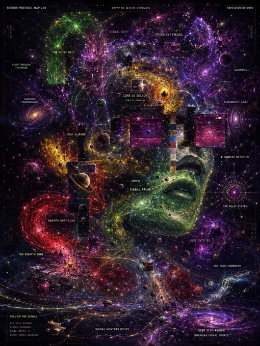 A vibrant cosmic/space-themed digital artwork labeled 'R2508 PROTOCOL MAP v.02' featuring a face composed of galaxies with labels like 'SIGNAL CITY,' 'PRADMAN FIELDS,' 'NØVO SIGNAL PRIME,' and 'SIGNAL HUNTERS ROUTE.'