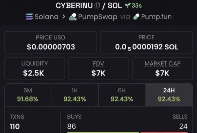 A cryptocurrency token information page for 'CYBERINU / SOL' on Solana via PumpSwap via Pump.fun, showing a price of $0.000000703 USD, liquidity of $2.5K, FDV and Market Cap of $7K, and positive 24H performance metrics.