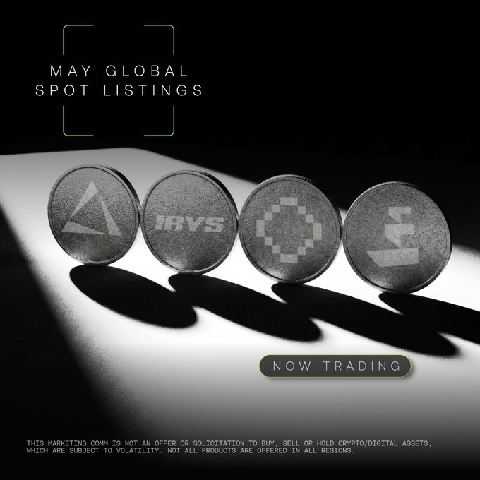 The image features four coins, each with a different symbol or logo on them. The coins are lined up vertically against a black background, creating an interesting visual effect. Below the coins, there's text that reads "May Global Spot Listings Now Trading". This suggests that the coins might be part of a trading platform where users can buy and sell these coins for their crypto assets.

The image also includes a watermark in the bottom right corner that says "These are marketing coms. It is not an offered on to us by any company." This indicates that the image may have been created or sponsored by a company, possibly related to cryptocurrency trading or coin collecting.