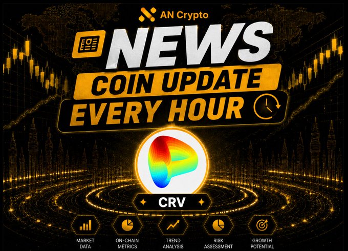 Crypto news graphic from 'AN Crypto' promoting 'NEWS COIN UPDATE EVERY HOUR' featuring the CRV token logo with sections for market data, on-chain metrics, trend analysis, risk assessment, and growth potential.