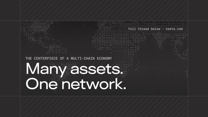 Dark promotional graphic for Keeta reading 'THE CENTERPIECE OF A MULTI-CHAIN ECONOMY' with the tagline 'Many assets. One network.' over a world map.