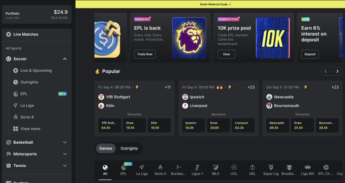 A sports betting dashboard displays a portfolio balance of $24.90 alongside live soccer matchups including Stuttgart vs Köln, Ipswich vs Liverpool, and Newcastle vs Bournemouth with moneyline odds, plus promotional banners offering "10K prize pool," "EPL is back," and a "Deposit" prompt highlighting "Earn 6% interest on deposit" that corresponds to the post's mention of a 6% yield feature on the platform.