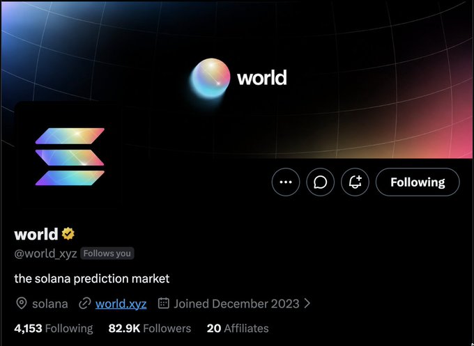 The image shows the Twitter/X profile of "world" (@world_xyz), a Solana-based prediction market platform with 82.9K followers, joined in December 2023. The post highlights World as a flagship prediction market on Solana generating significant buzz, teasing an announcement on 09.09.
