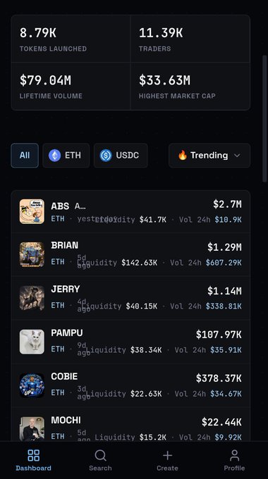 The image shows a crypto dashboard displaying key statistics—8.79K tokens launched, 11.39K traders, $79.04M lifetime volume, and $33.63M highest market cap—along with a list of trending tokens like ABS, BRIAN, JERRY, PAMPU, COBIE, and MOCHI, providing visual context for the user's consideration of launching their own coin.