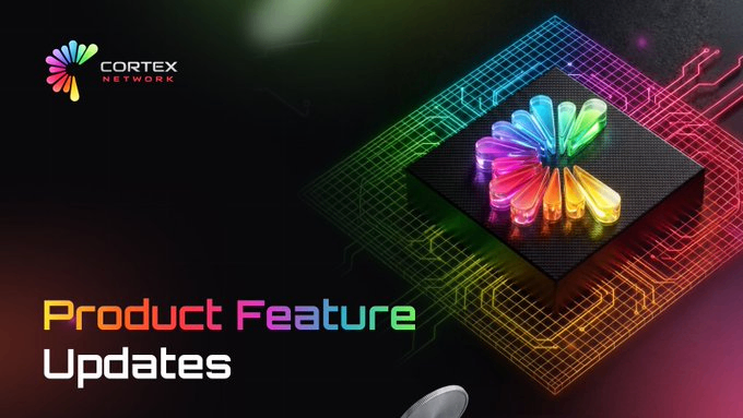 A graphic reading 'CORTEX NETWORK Product Feature Updates' with a colorful, glowing chip design on a dark background with circuit board patterns.