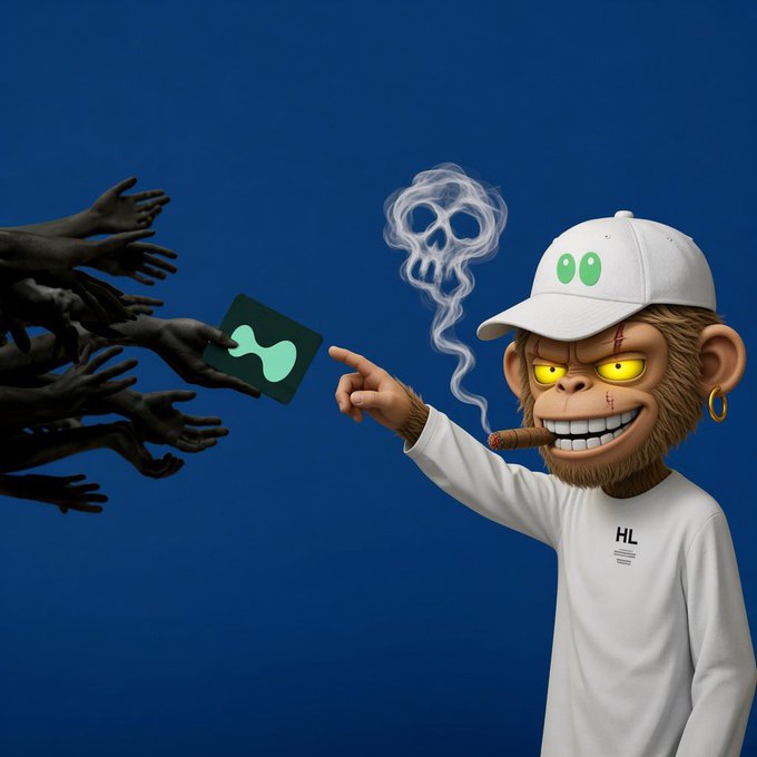 A 3D-rendered cartoon monkey character wearing a white cap with green eyes, a white long-sleeve shirt marked 'HL', smoking a cigar, and pointing at a green blob icon being offered by multiple disembodied hands against a blue background.