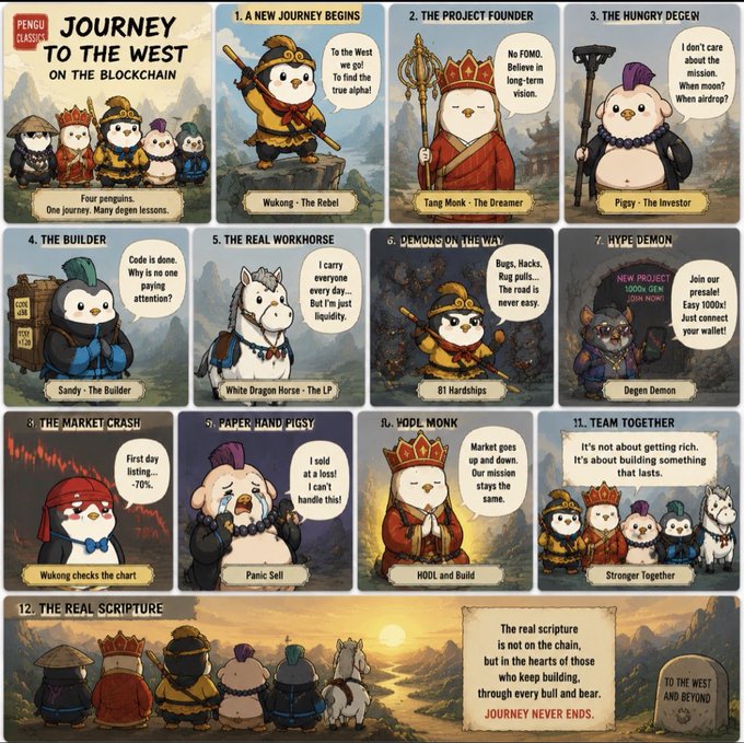 A comic strip titled 'JOURNEY TO THE WEST ON THE BLOCKCHAIN' featuring penguin characters portraying roles like Wukong, Tang Monk, and Pigsy, with text about crypto and airdrops.
