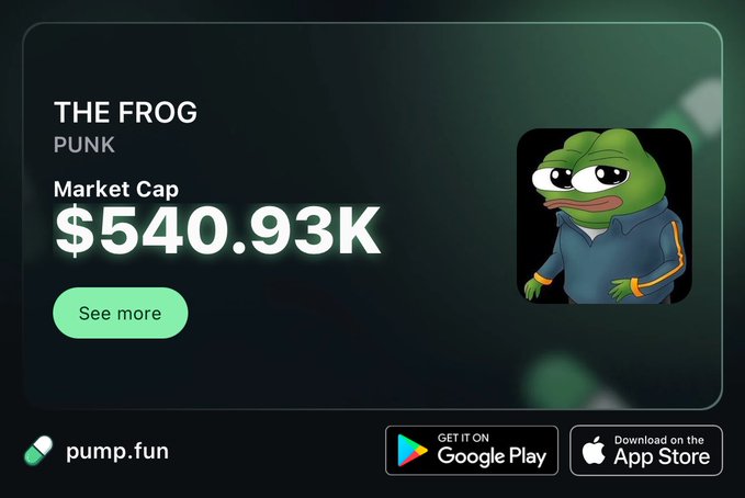 A promotional graphic for 'THE FROG PUNK' meme coin on pump.fun showing a market cap of $540.93K alongside a sad Pepe-like frog character wearing a hoodie, with Google Play and App Store download buttons.
