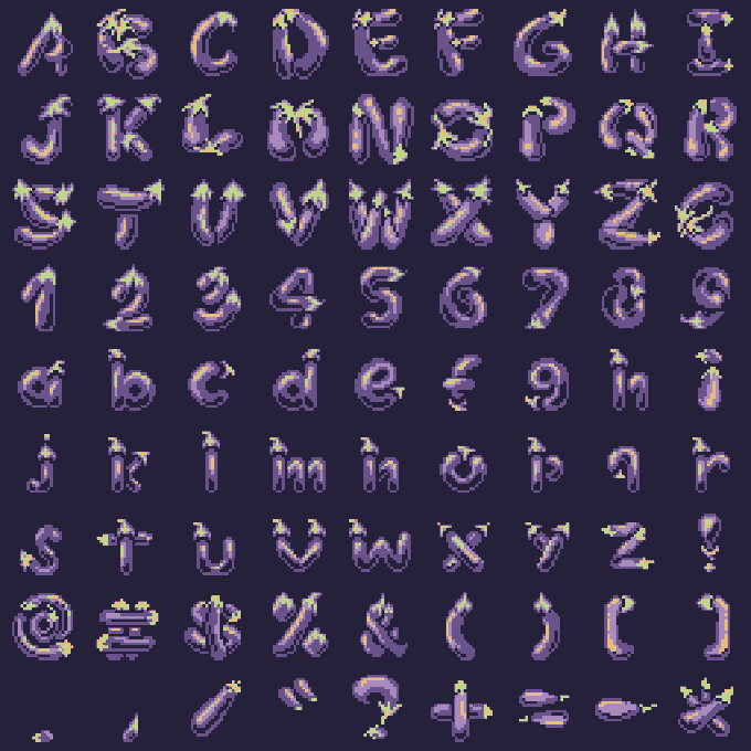 A pixel art sprite sheet displaying a complete uppercase and lowercase alphabet, numbers, and symbols in a stylized purple font adorned with yellow stars on a dark blue background.