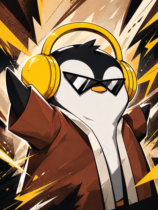 A comic-style illustration of a penguin character wearing yellow headphones and black sunglasses, dressed in a brown jacket with yellow lightning bolt effects in the background.