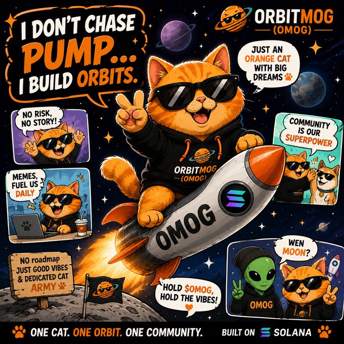A vibrant promotional poster for 'ORBITMOG (OMOG)' crypto project featuring an orange cat in sunglasses on a rocket, with slogans like 'I DON'T CHASE PUMP... I BUILD ORBITS' and 'BUILT ON SOLANA'.
