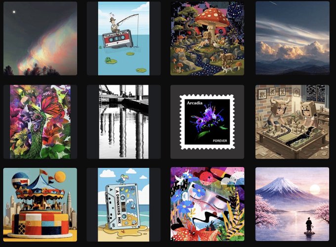 A grid of twelve diverse images including auroras, fishing, a cottage, landscapes, butterflies, a stamp labeled 'Arcadia', chess, a carousel, a 'Business Box', abstract art, and Mount Fuji.