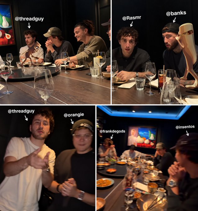 A collage of four photos showing a group of young men having dinner at a restaurant, with social media handles like '@threadguy', '@Rasmr', '@banks', '@orangie', '@frankdegods', and '@insentos' labeled with arrows.