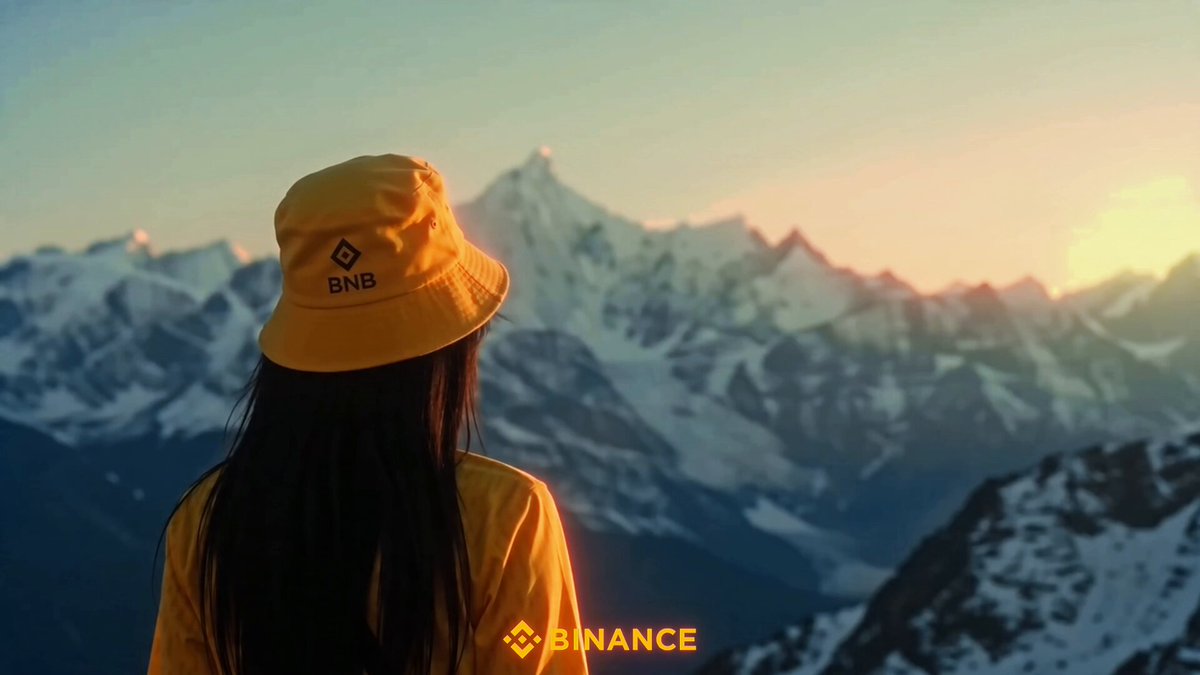 The image features a woman wearing a yellow hat, standing at the top of a mountain with snow-capped peaks behind her. The sun is setting, casting a warm glow over the scene. In the background, there are mountains that add depth and grandeur to the landscape. The woman appears to be looking out towards the horizon or taking in the breathtaking view from the mountaintop.