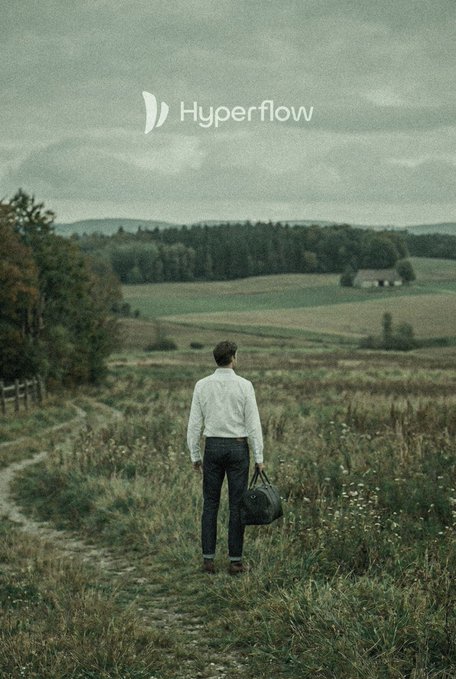 A moody, atmospheric image showing a man with a duffel bag walking down a dirt path through a rolling countryside, with the "Hyperflow" logo in the top center.