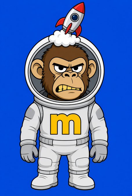 A cartoon angry monkey dressed as an astronaut wears a white spacesuit with a yellow 'M' on the chest, with a small rocket emerging from its helmet.