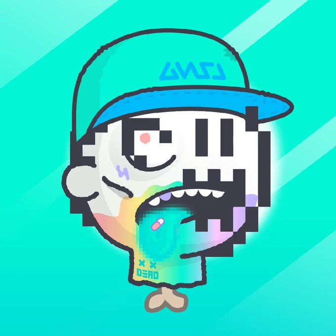 A pixelated, glitch-style cartoon character wearing a teal and blue cap, appearing to vomit a rainbow-colored substance, with the word 'DEAD' visible at the bottom.