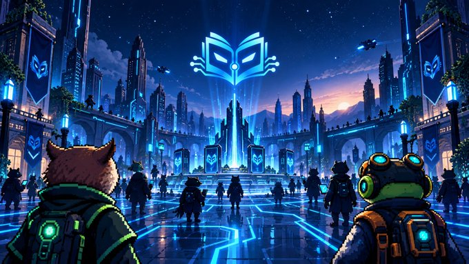 A vibrant digital artwork shows anthropomorphic characters facing a futuristic city with a glowing book-shaped logo, including a fox and a frog wearing headphones and goggles.