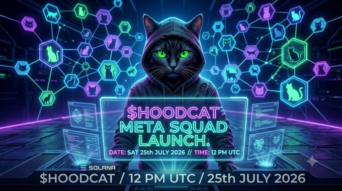 A hooded black cat with glowing green eyes sits at holographic computer terminals, surrounded by a vibrant network of neon cat icons, promoting the "$HOODCAT META SQUAD LAUNCH" on the Solana blockchain on July 25th, 2026, at 12 PM UTC. The futuristic, meme-driven imagery aligns perfectly with the post's teaser about a major new cat-themed crypto gem dropping on Solana.
