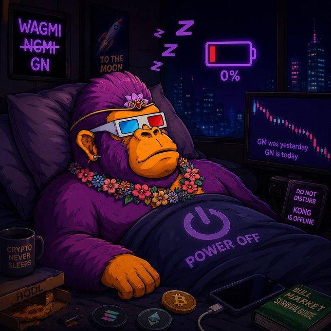 An illustrated purple gorilla wearing 3D glasses and a flower lei sleeps under a 'POWER OFF' blanket, surrounded by crypto-themed items like a 'TO THE MOON' poster, 'WAGMI/NFT/GN' sign, Bitcoin, and a chart saying 'GM was yesterday GN is today' with a '0%' battery icon.