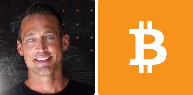 A split image showing a smiling man on the left and the Bitcoin logo on an orange background on the right.