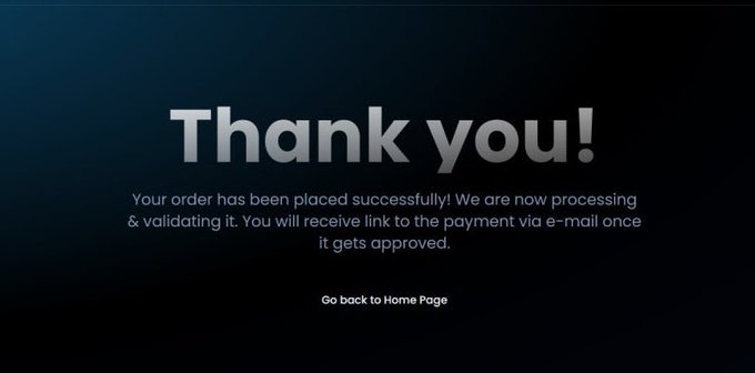 A "Thank you!" confirmation screen indicating a successful order placement, with a message that the order is being processed and validated and a payment link will be emailed upon approval. The "Go back to Home Page" link and order confirmation theme tie into the post's context of a significant purchase of the $LFG ticker.