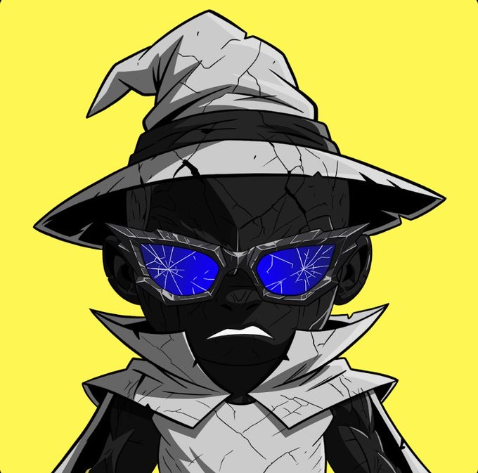 A cartoon-style digital drawing of a character with cracked, rocky skin wearing a pointed gray hat and cracked blue sunglasses, set against a bright yellow background.