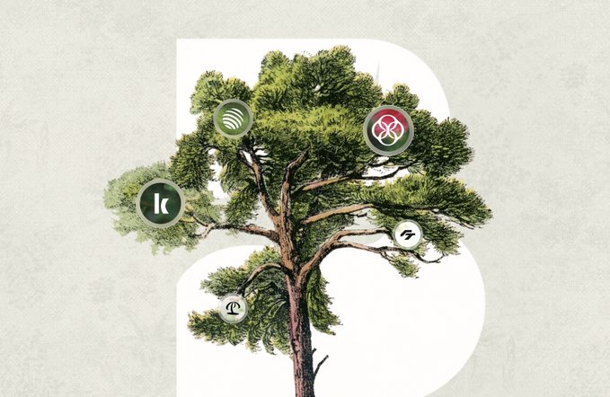 A vintage-style botanical illustration of a tree with circular brand icons hanging from its branches, including Spotify, Olympics, Kappa, Peloton, and Beats logos.