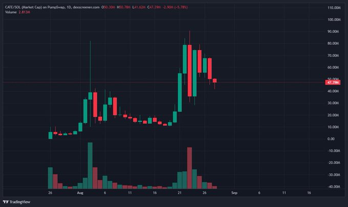 TradingView candlestick chart of CATI/USDT on PumpSwap, showing a price of approximately $47.98M with a 24h change of -5.78% and volume of 2.813B.