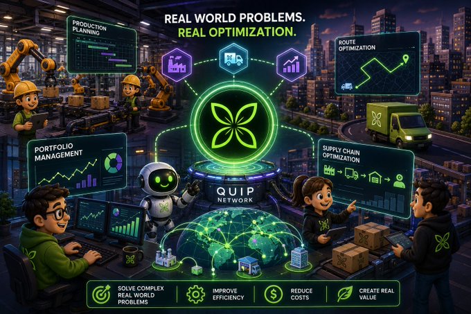 A vibrant digital illustration showcases the Quip Network as a hub connecting real-world optimization solutions, with labeled panels for "Production Planning," "Route Optimization," "Portfolio Management," and "Supply Chain Optimization" surrounding a central glowing logo. Robots, workers, and delivery trucks represent industries benefiting from the network's capabilities, while banners at the bottom highlight its promises to "Solve Complex Real World Problems," "Improve Efficiency," "Reduce Costs," and "Create Real Value." The image directly illustrates the post's point about Quip Network tackling tangible business challenges beyond digital asset transfer.