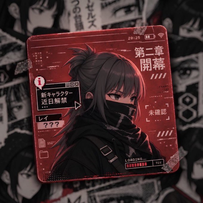 An anime-style digital art piece shows a masked female character with Japanese text including '第二章開幕' (Chapter Two Begins) on a red-toned card design.