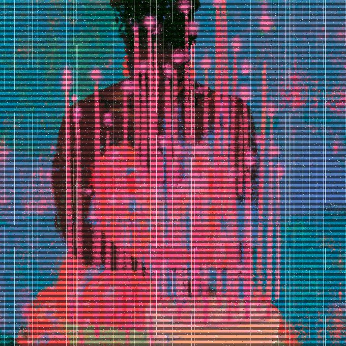 A heavily glitched, pixelated image with horizontal scan lines showing a distorted figure in red and dark tones against a teal and blue background.
