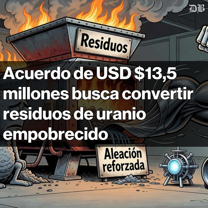 A Spanish-language news graphic with a fiery industrial illustration reads "Acuerdo de USD $13,5 millones busca convertir residuos de uranio empobrecido," with signs labeled "Residuos" and "Aleación reforzada."