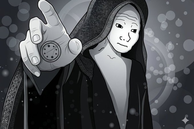 The image depicts an art style illustration of a person dressed as a monk, possibly wearing a robe or hooded garment along with gloves that cover their hands and face, giving them a gothic appearance. The monk's position relative to the viewer suggests they are pointing towards something out in the distance. This might be related to the quote about investing in cryptocurrency posted on the image, as it adds an intriguing element to the overall scene.