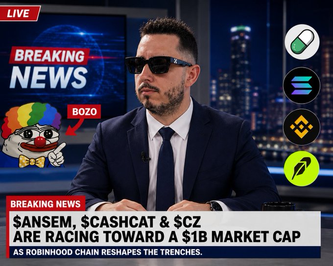 A breaking news broadcast thumbnail shows a man in a suit and sunglasses with the headline '$ANSEM, $CASHCAT & $CZ ARE RACING TOWARD A $1B MARKET CAP AS ROBINHOOD CHAIN RESHAPES THE TRENCHES,' featuring a 'BOZO' clown meme and crypto coin icons on the right side.