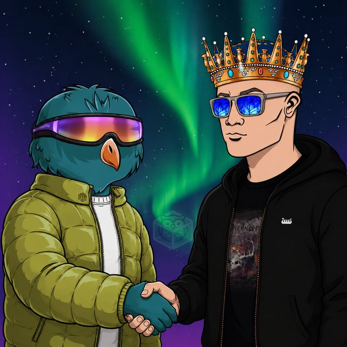 A cartoon-style illustration of a teal bird character wearing rainbow ski goggles and a green puffer jacket shaking hands with a human figure wearing a golden crown, blue sunglasses, and a black hoodie, under a green aurora.